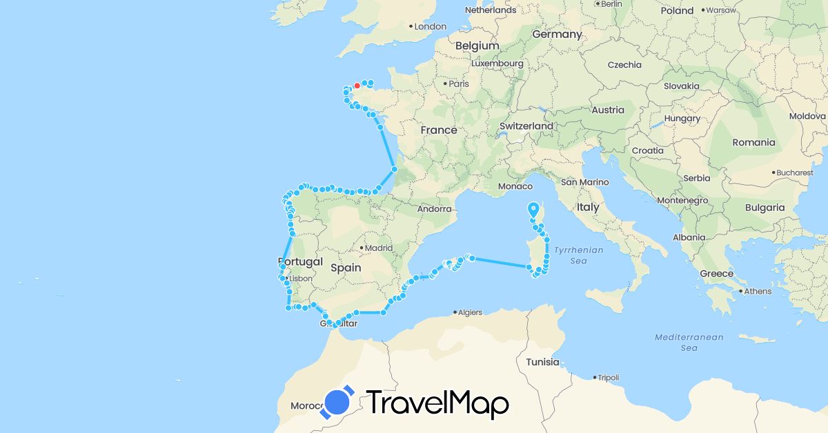 TravelMap itinerary: hiking, boat in Spain, France, Gibraltar, Italy, Portugal (Europe)